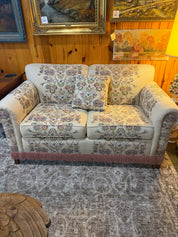 Vtg Ethan Allen love seat sofa, back left leg repaired