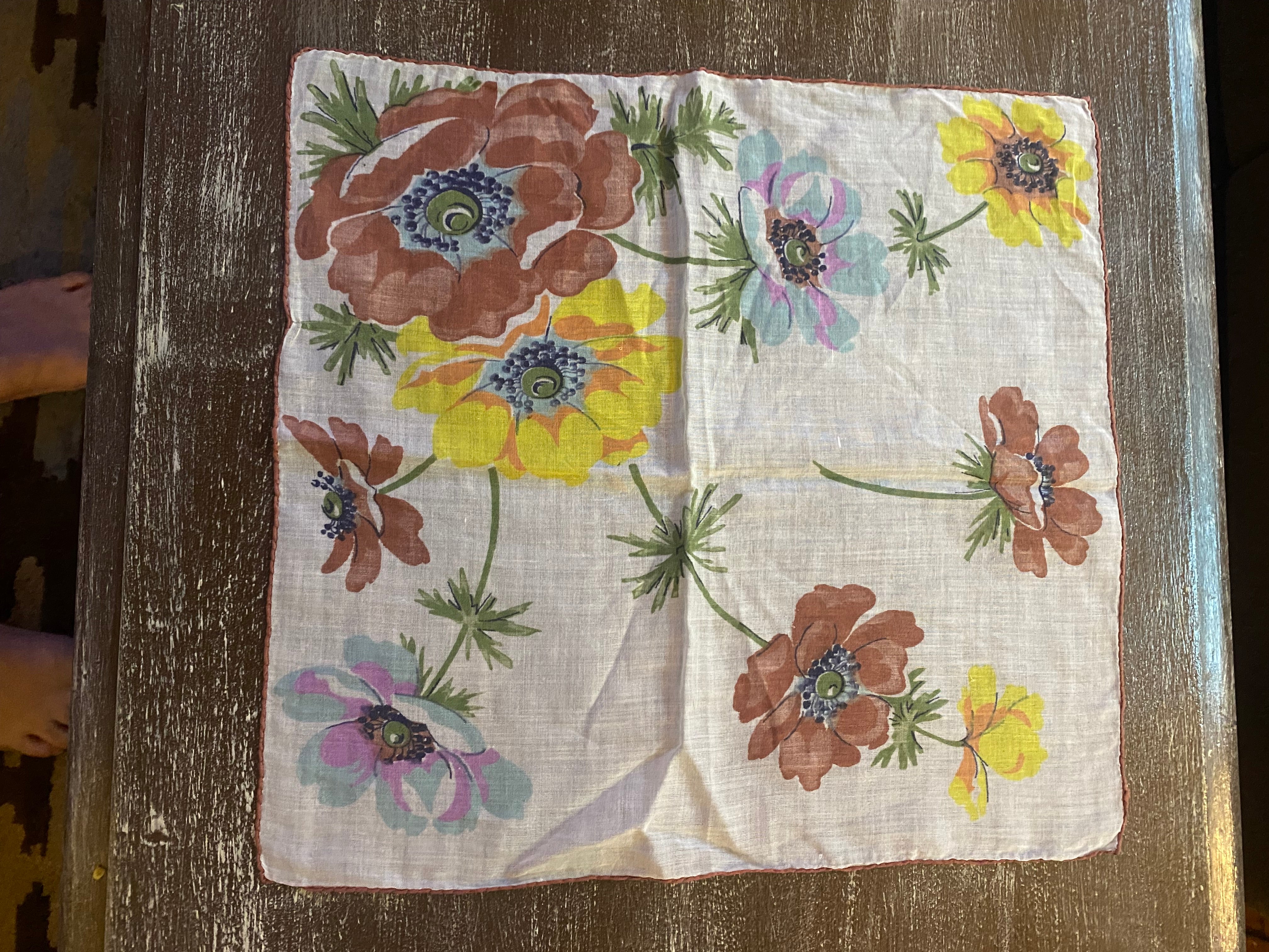 Vtg Floral Handkerchief-Serged Edge