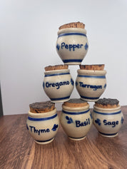 Set of 6 Rowe Pottery Salt Glazed Spice Jars with Blue Floral