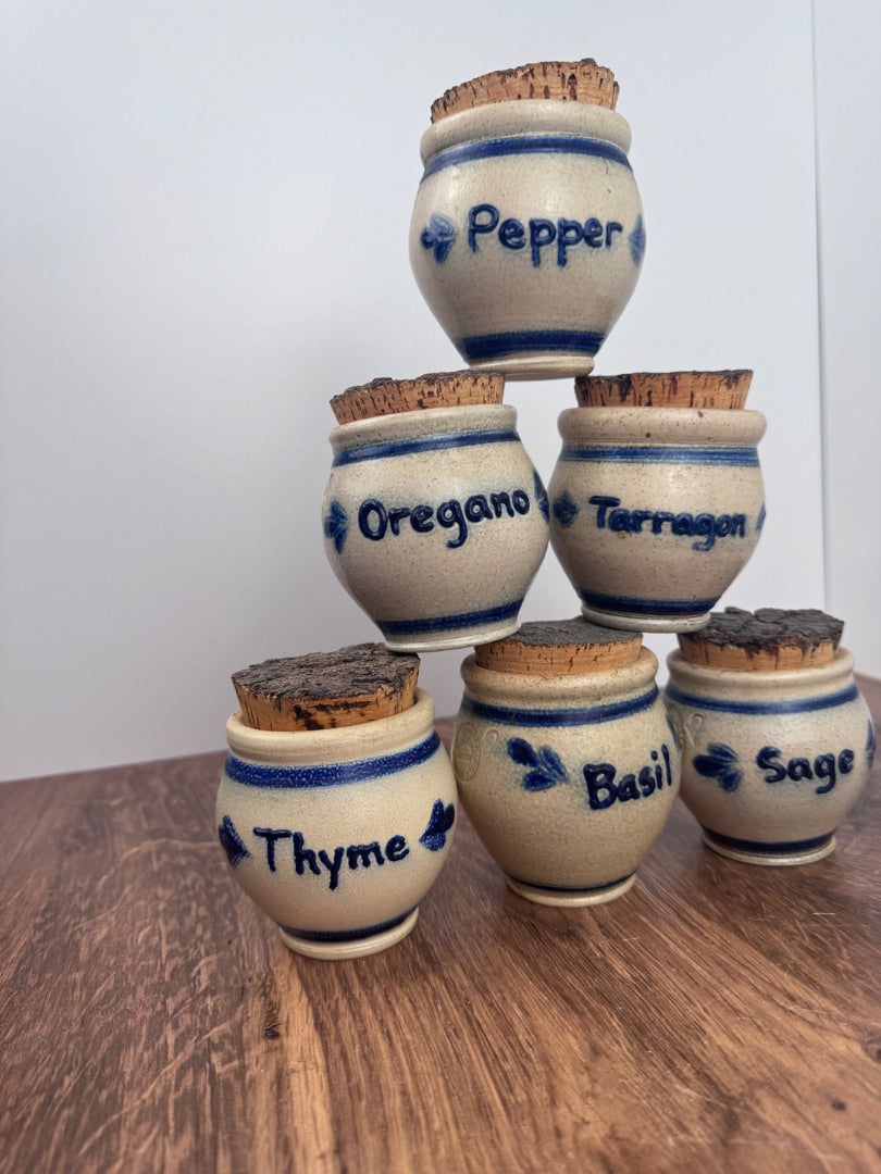 Set of 6 Rowe Pottery Salt Glazed Spice Jars with Blue Floral