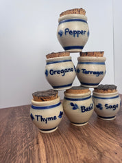 Set of 6 Rowe Pottery Salt Glazed Spice Jars with Blue Floral