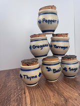 Set of 6 Rowe Pottery Salt Glazed Spice Jars with Blue Floral