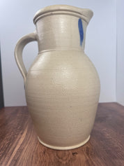 Vintage Salmon Falls Stoneware Pitcher with Blue Basket Motif