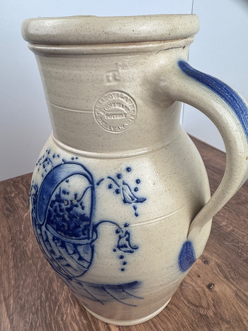 Vintage Salmon Falls Stoneware Pitcher with Blue Basket Motif