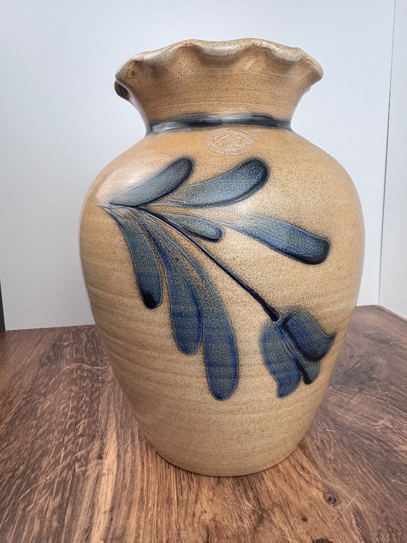 Maple City Pottery Salt Glazed Stoneware Vase with Cobalt Floral Motif