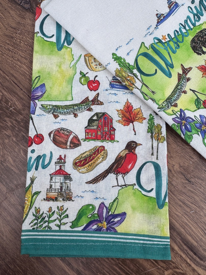 Wisconsin Tea Towels  - Rosanne Beck State Collection Set of 2 Towels | Absorbent Reusable Cotton 28” c 18”
