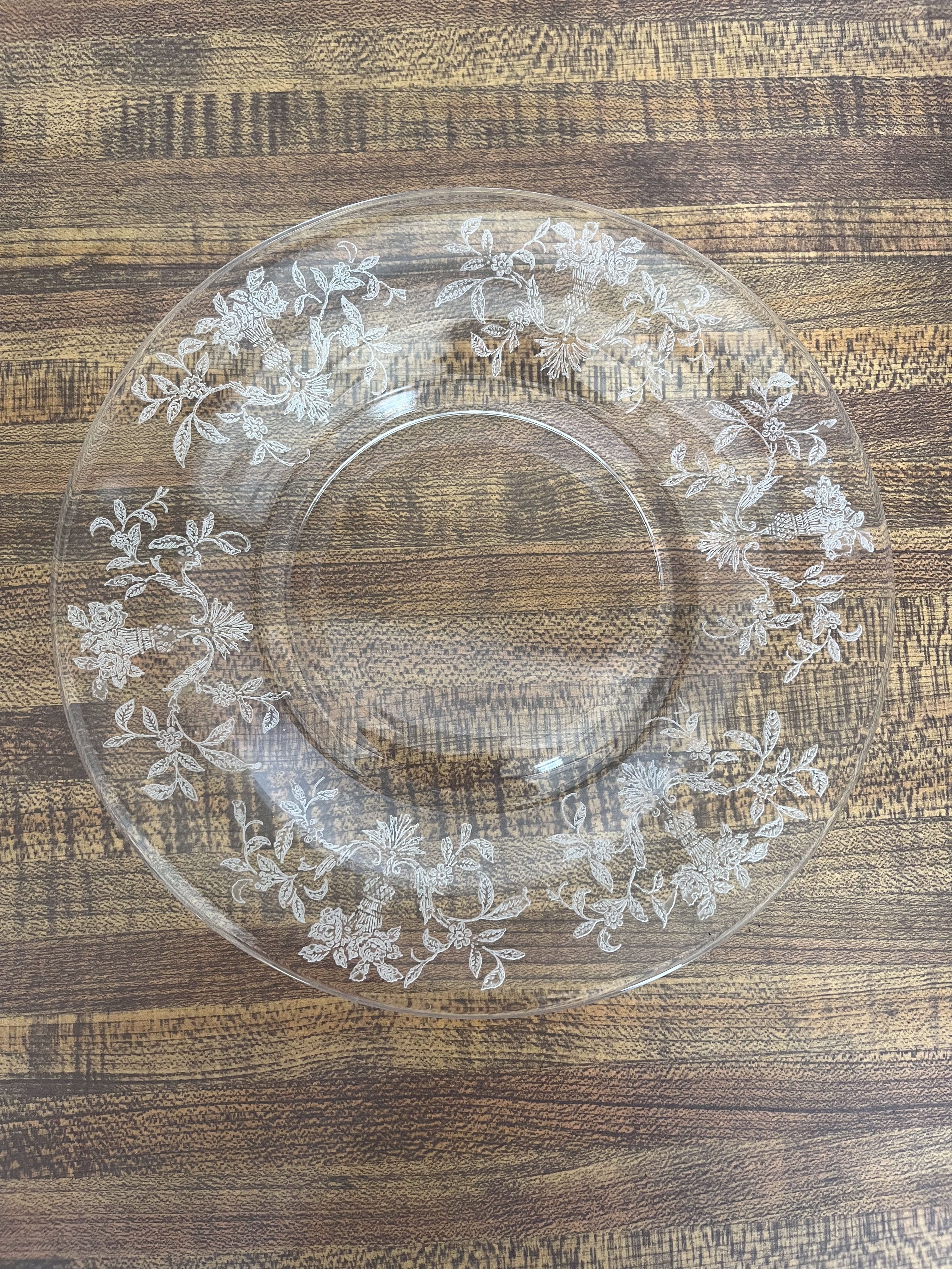 Floral Etched Clear Glass Plate