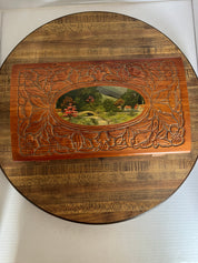 Jewelry Box with Etched Glass, Carved Wood and Painted Top