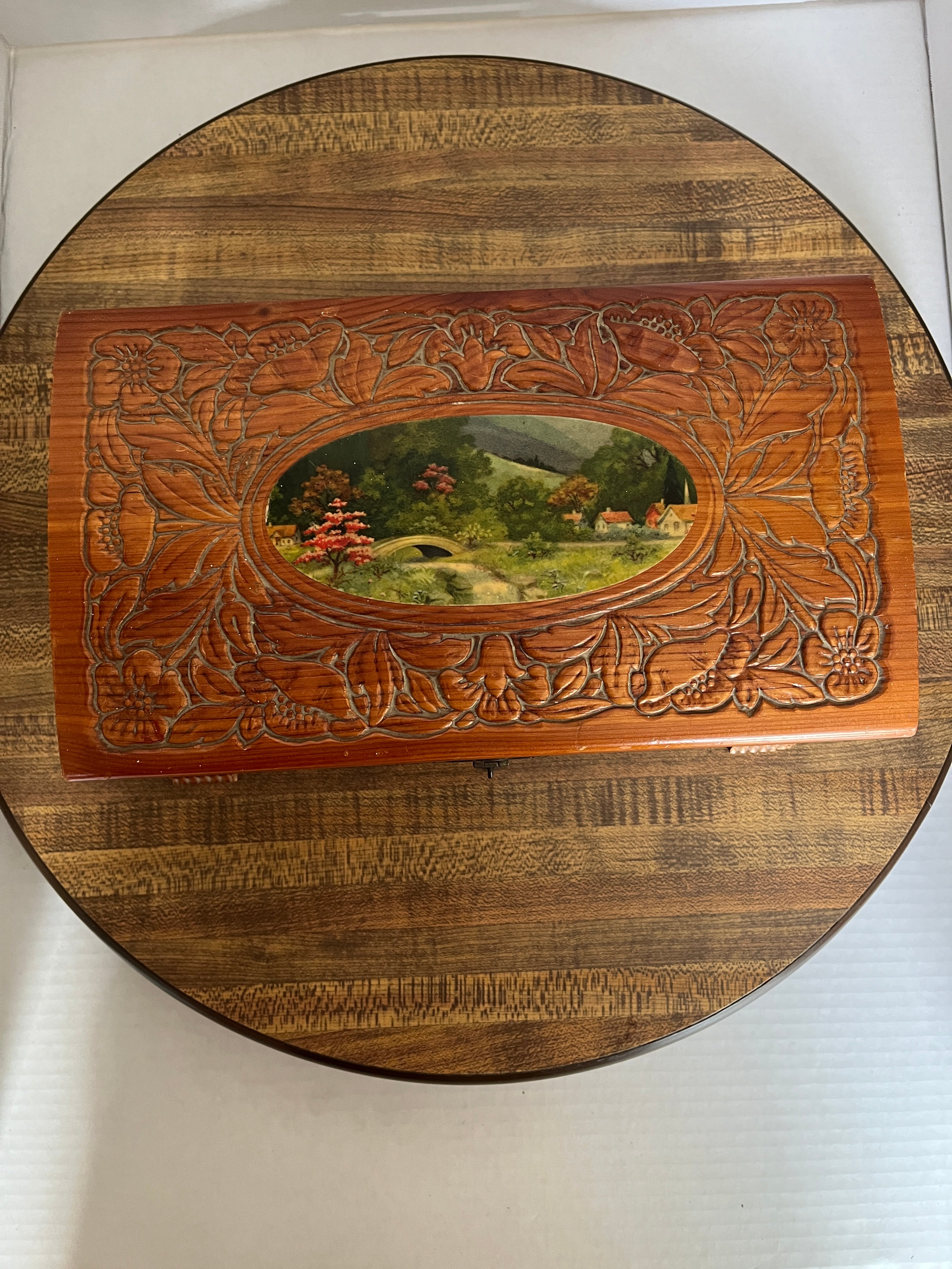 Jewelry Box with Etched Glass, Carved Wood and Painted Top