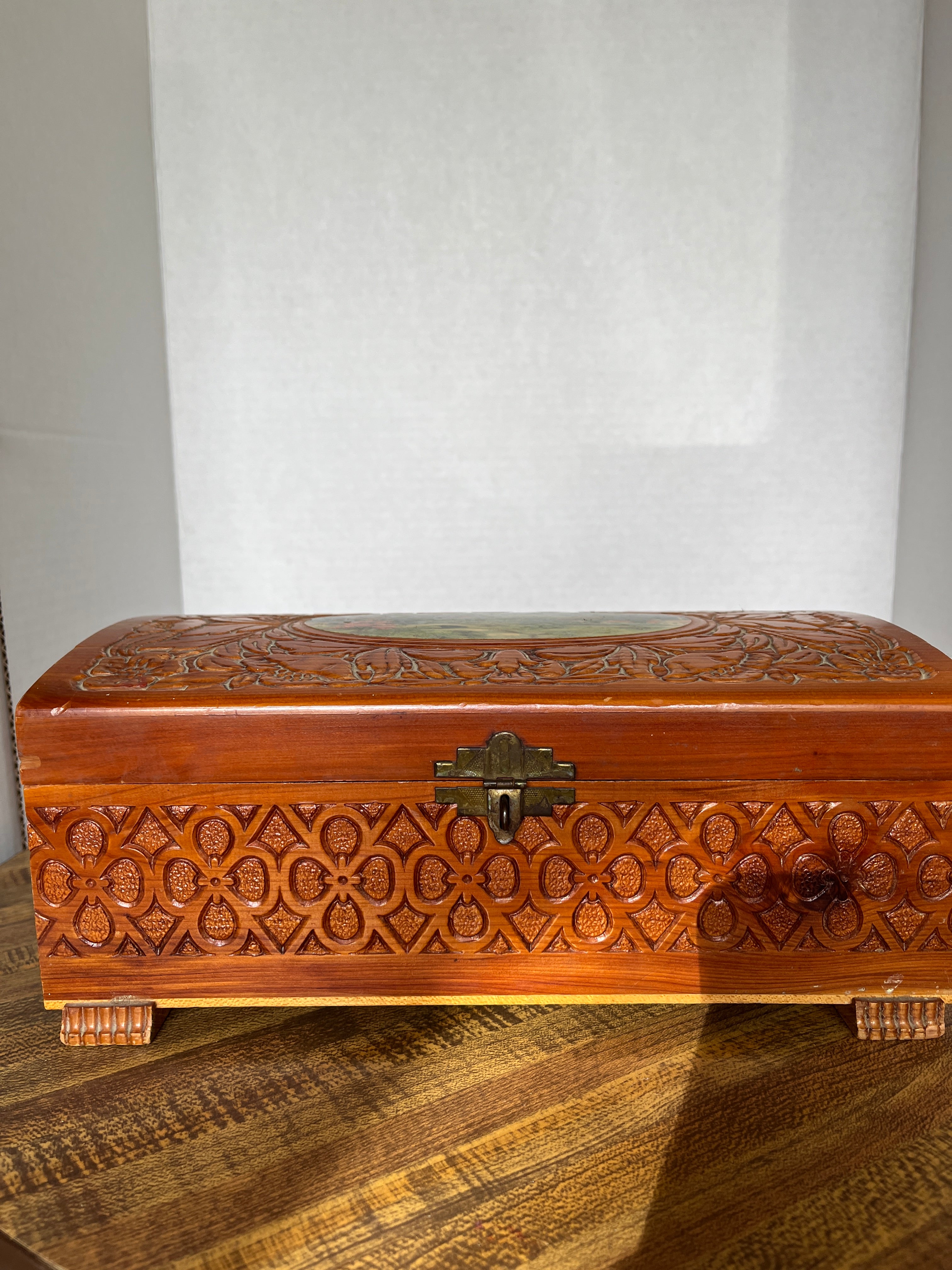 Jewelry Box with Etched Glass, Carved Wood and Painted Top