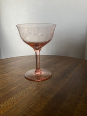 Pink Depression Champagne Glass w/ Etched Floral Pattern
