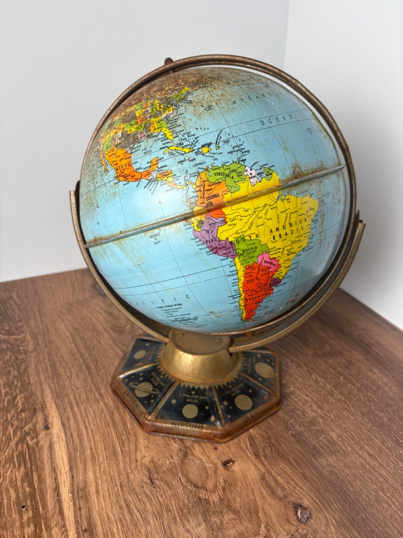 Vintage J Chein & Co Tin Metal Globe with Planets Base (as found)