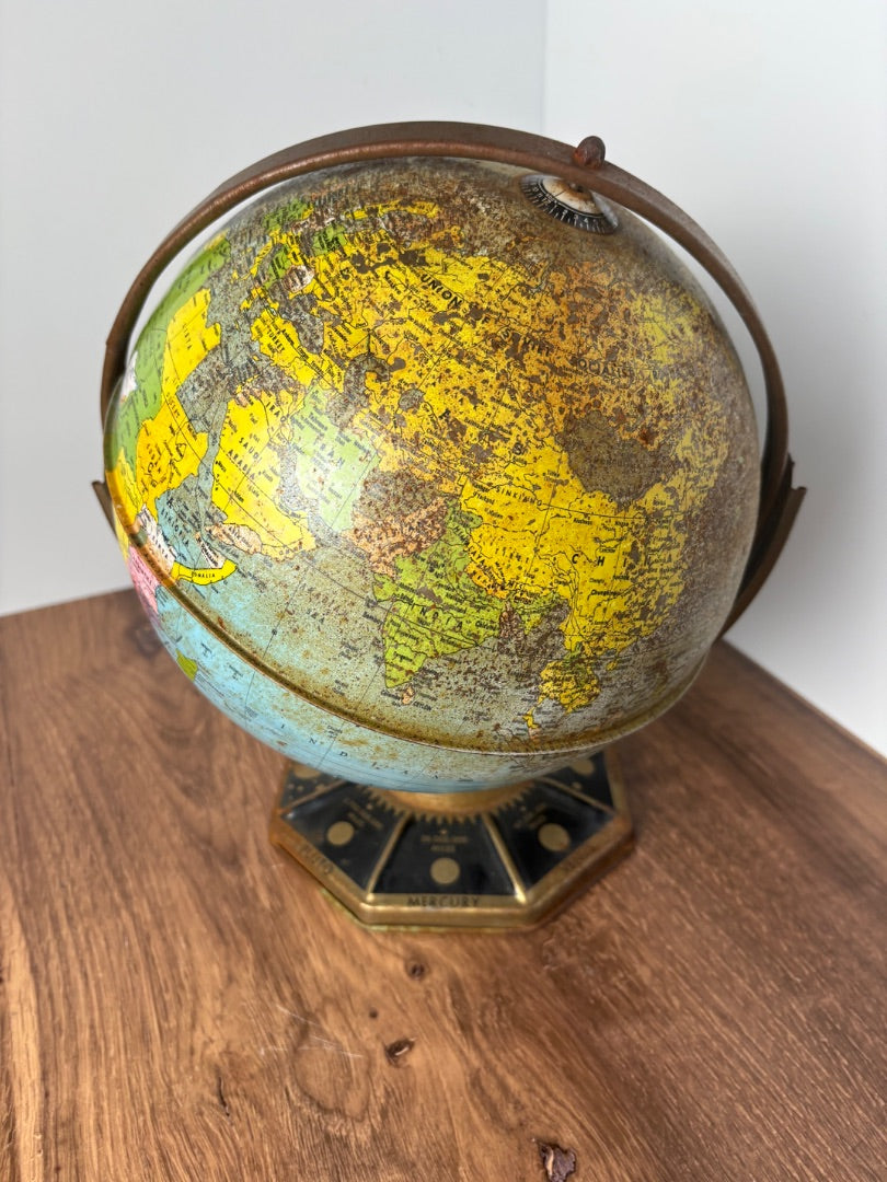 Vintage J Chein & Co Tin Metal Globe with Planets Base (as found)