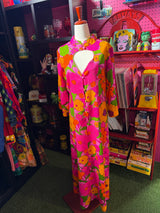 VTG 1960's Lucy Honolulu Pink & Yellow Floral Mod Barkcloth Dress