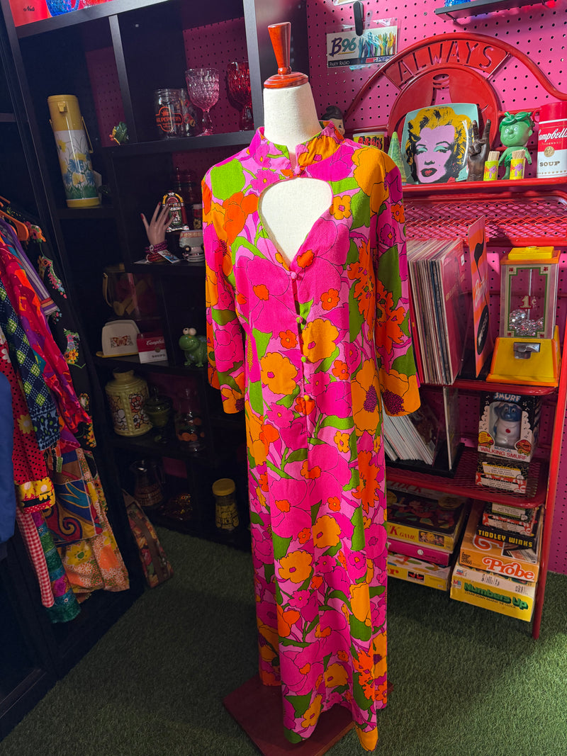 VTG 1960's Lucy Honolulu Pink & Yellow Floral Mod Barkcloth Dress by 294 - Touchdowns and Trinkets