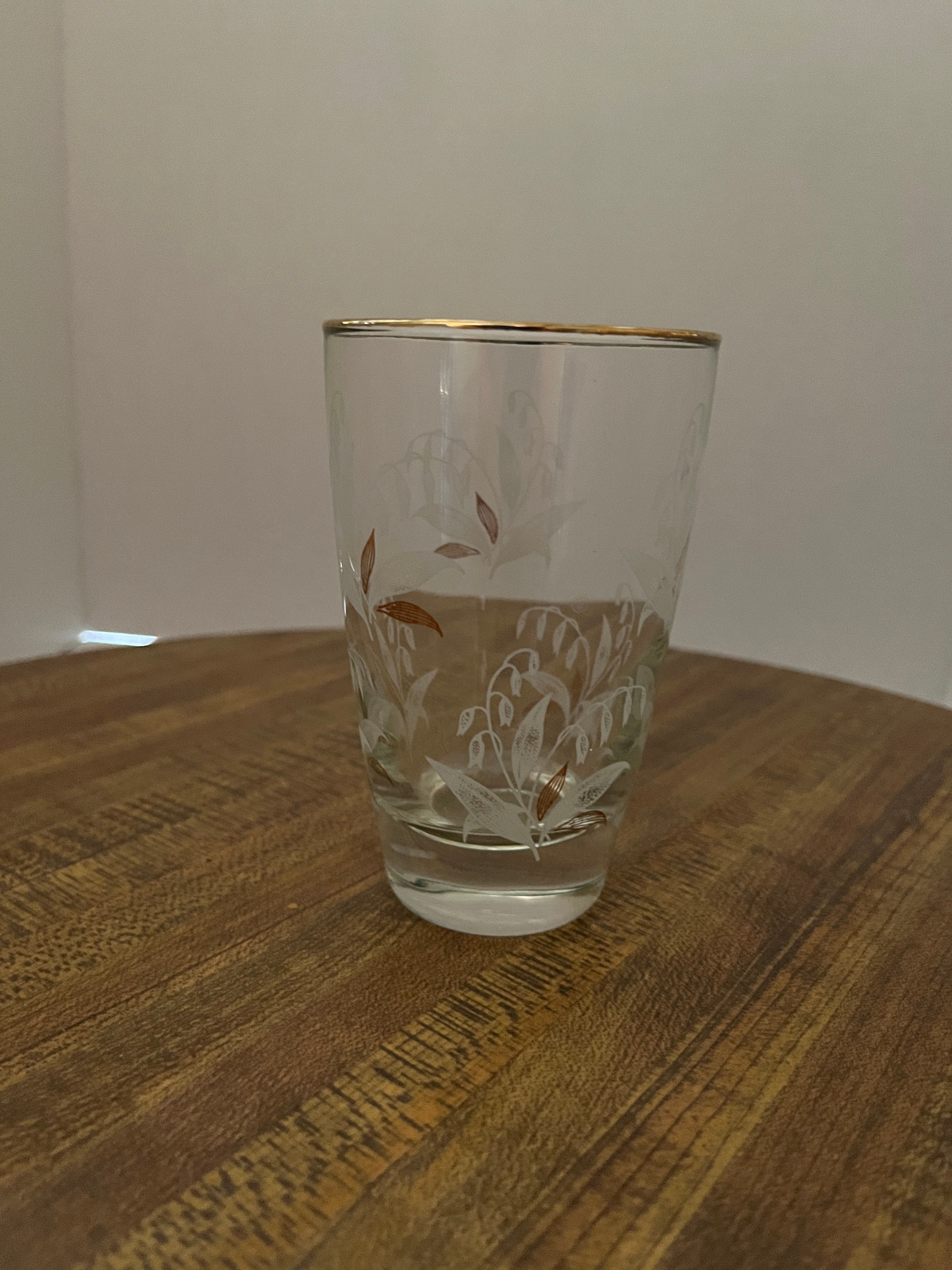Clear Glass Lily of the Valley Etched Raised White & Gold Flower Gold Rim