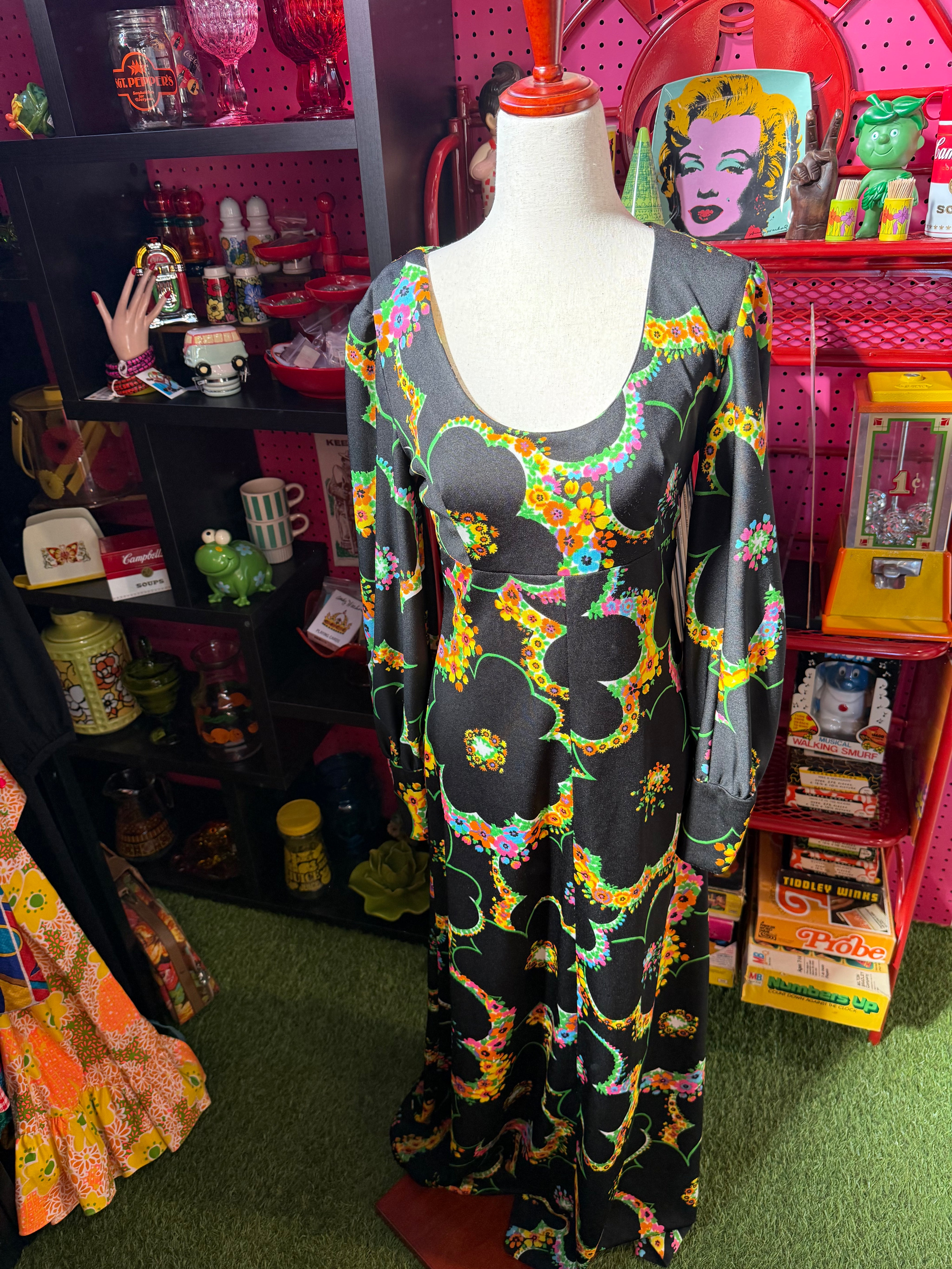 VTG Psychedelic Floral 1970's Maxi Dress 12/14
