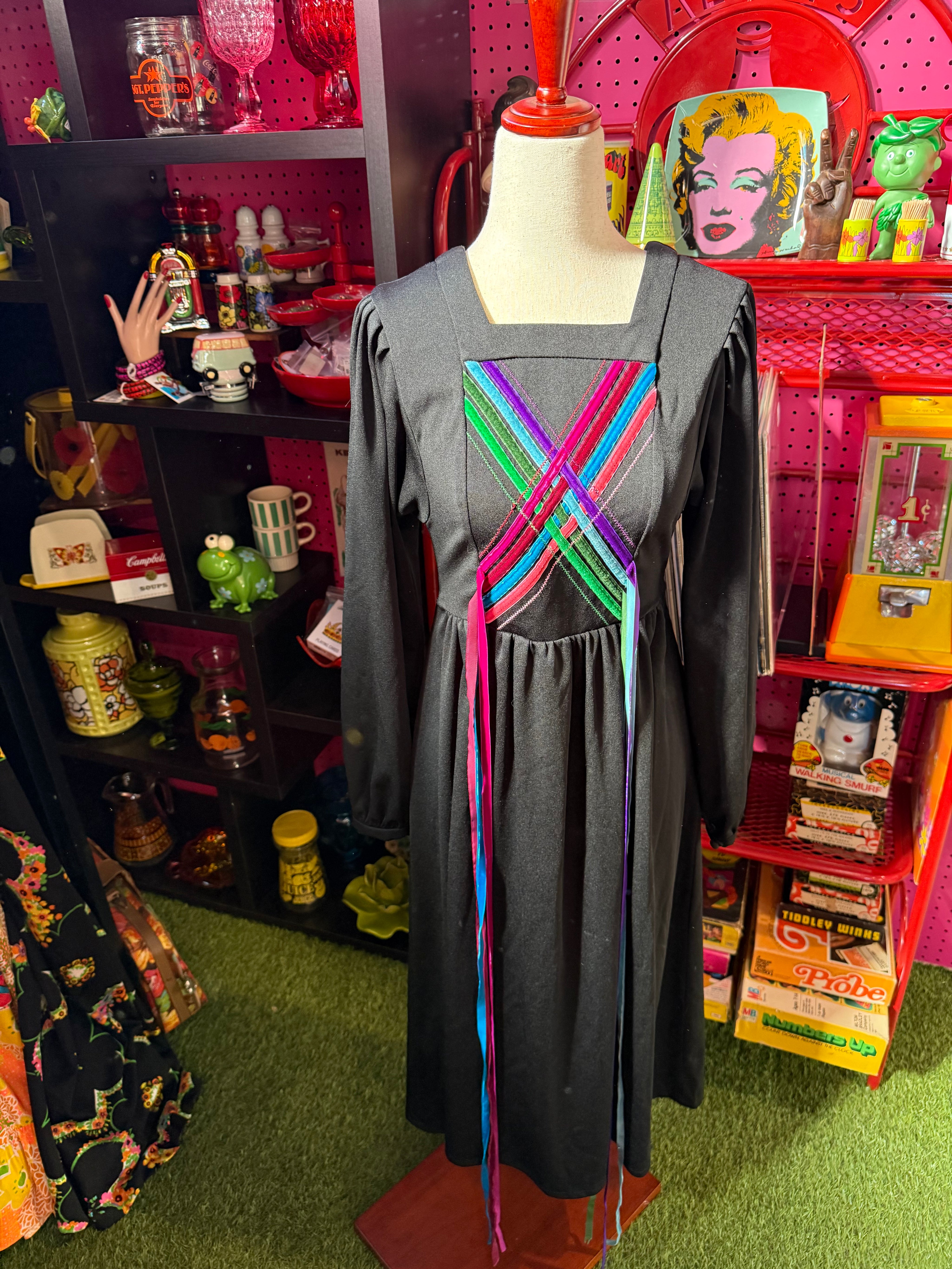 VTG John Adam 1970's Velvet Ribbon Dress Black Sz 8/10