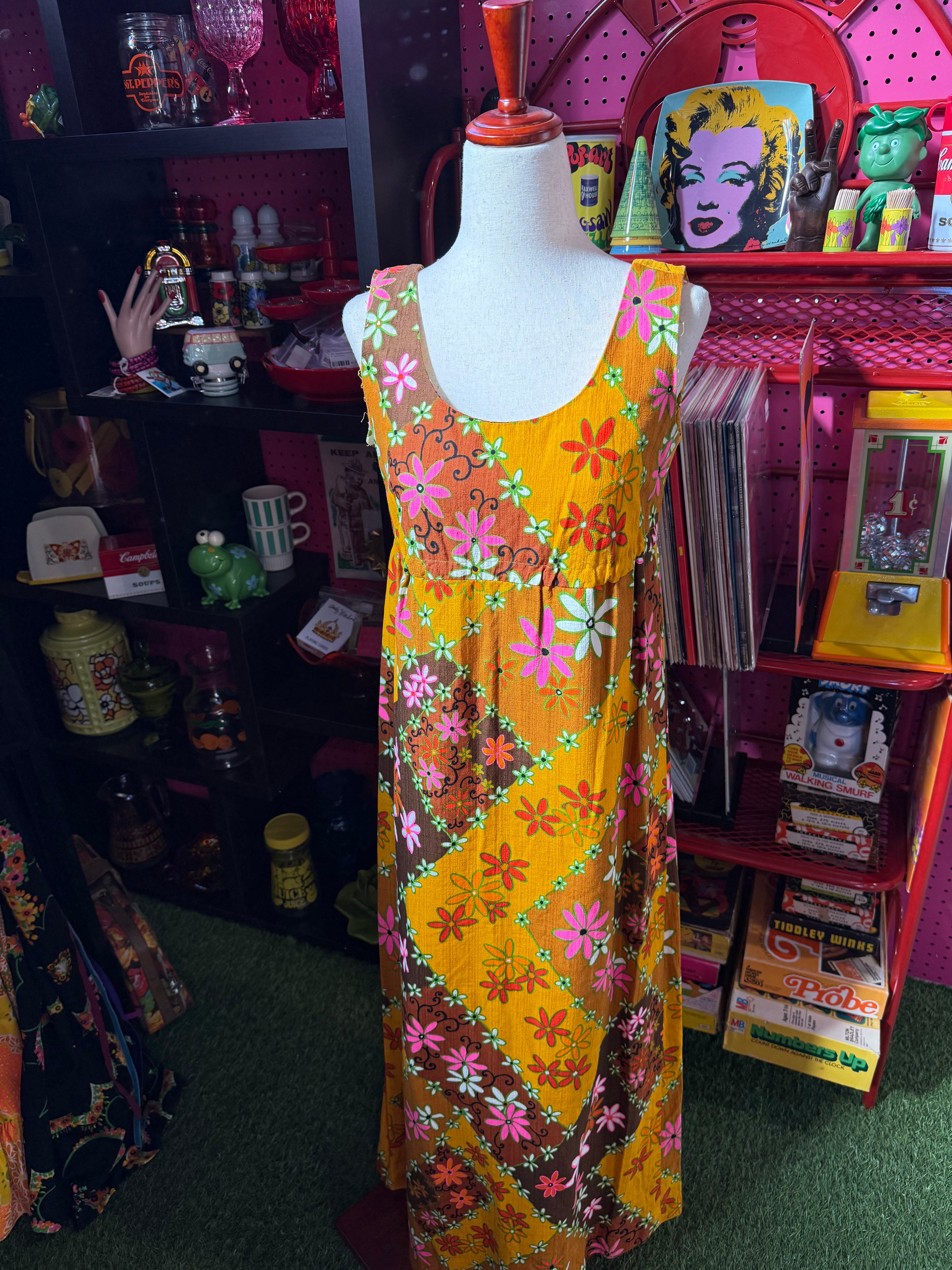 VTG 1960s Flower Power Kimi Pola Hawaii Floral Barkcloth Maxi Dress