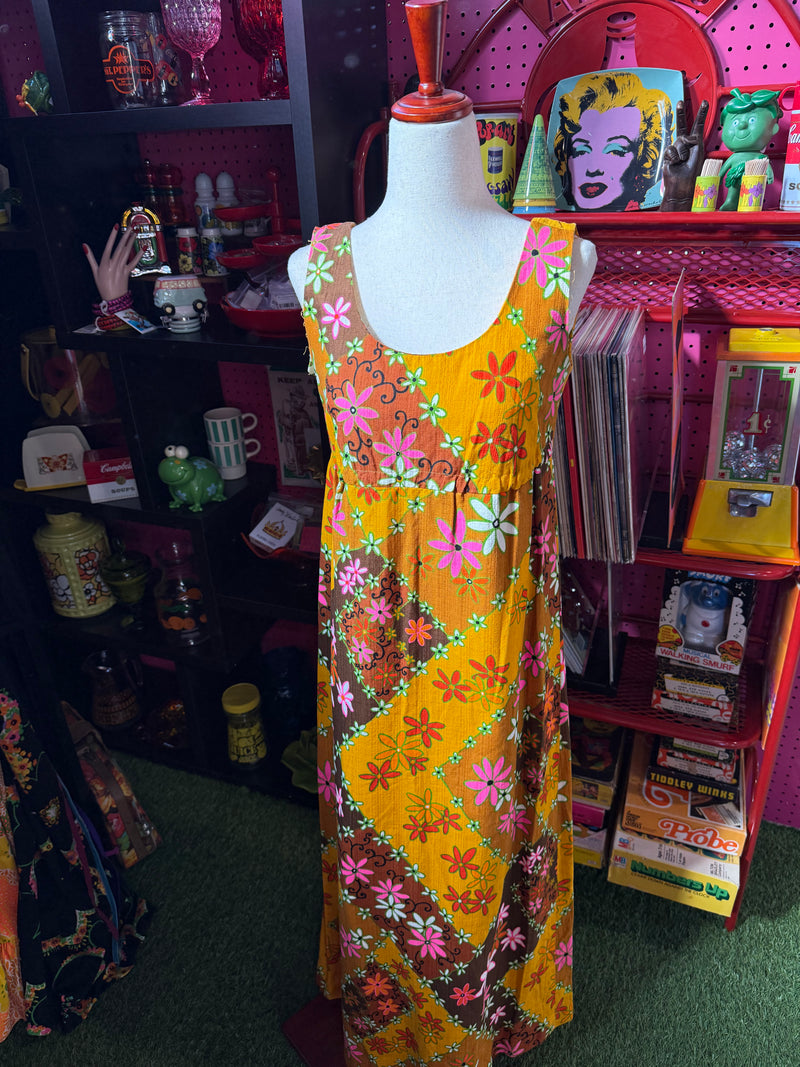 VTG 1960s Flower Power Kimi Pola Hawaii Floral Barkcloth Maxi Dress by 294 - Touchdowns and Trinkets