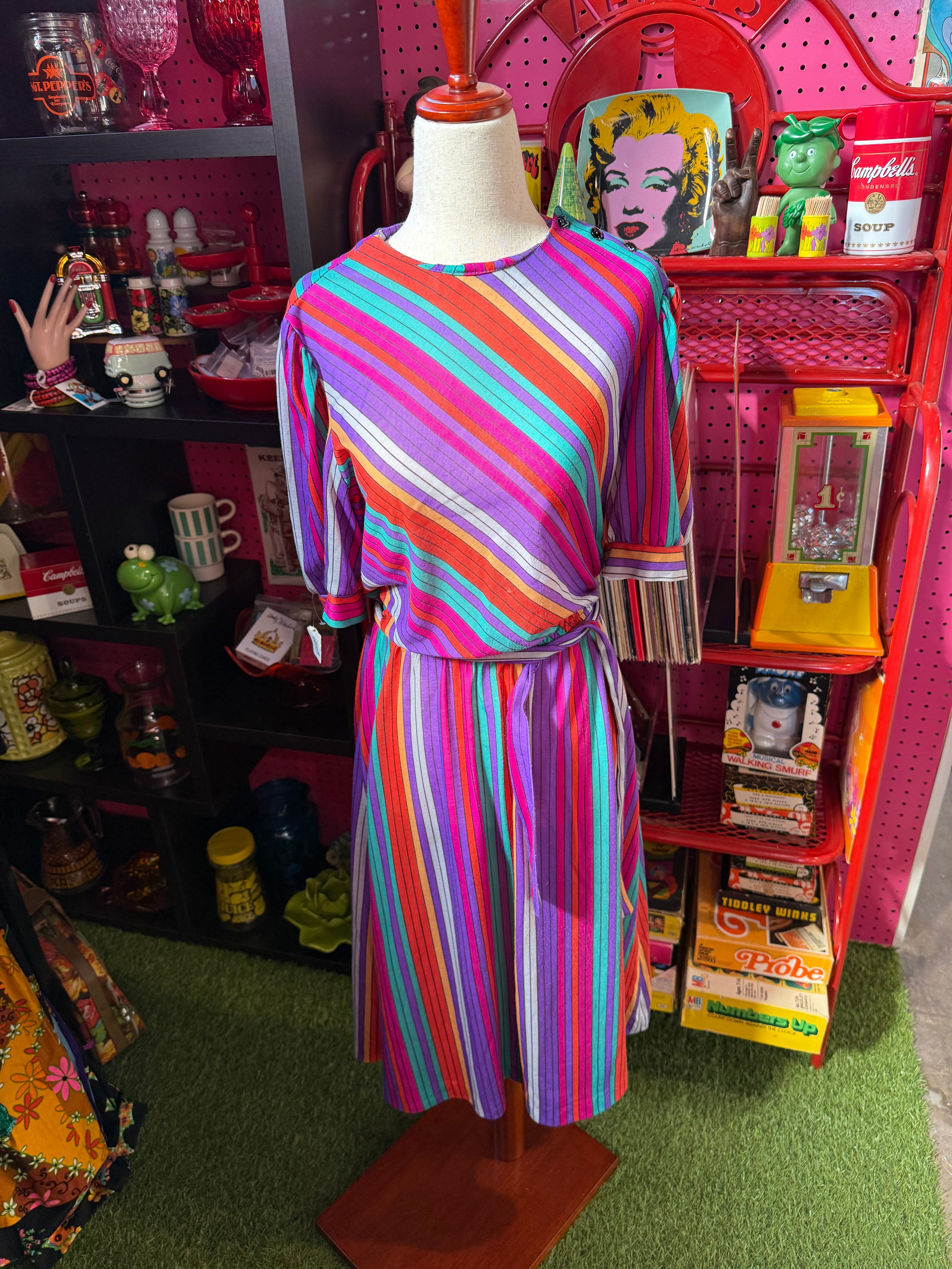 1970's VTG Miss Oops California Rainbow Stripe Dress Sz 12