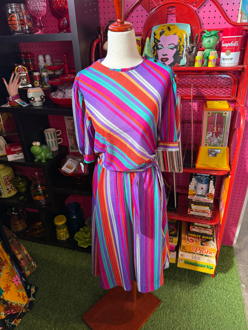 1970's VTG Miss Oops California Rainbow Stripe Dress Sz 12 by 294 - Touchdowns and Trinkets