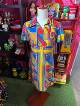 VTG Geometric Ralph Mini Collar Dress Red, Blue Gold