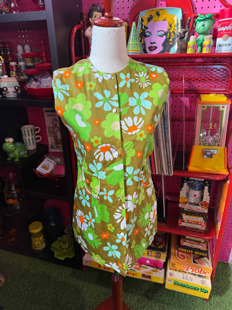 VTG Mod Floral Mini Dress Green & Orange Cuckoo 10 12 by 294 - Touchdowns and Trinkets