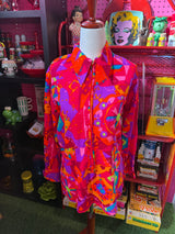 VTG Psychedelic Print Permanent Press Pink Top Long Sleeve Dagger Collar