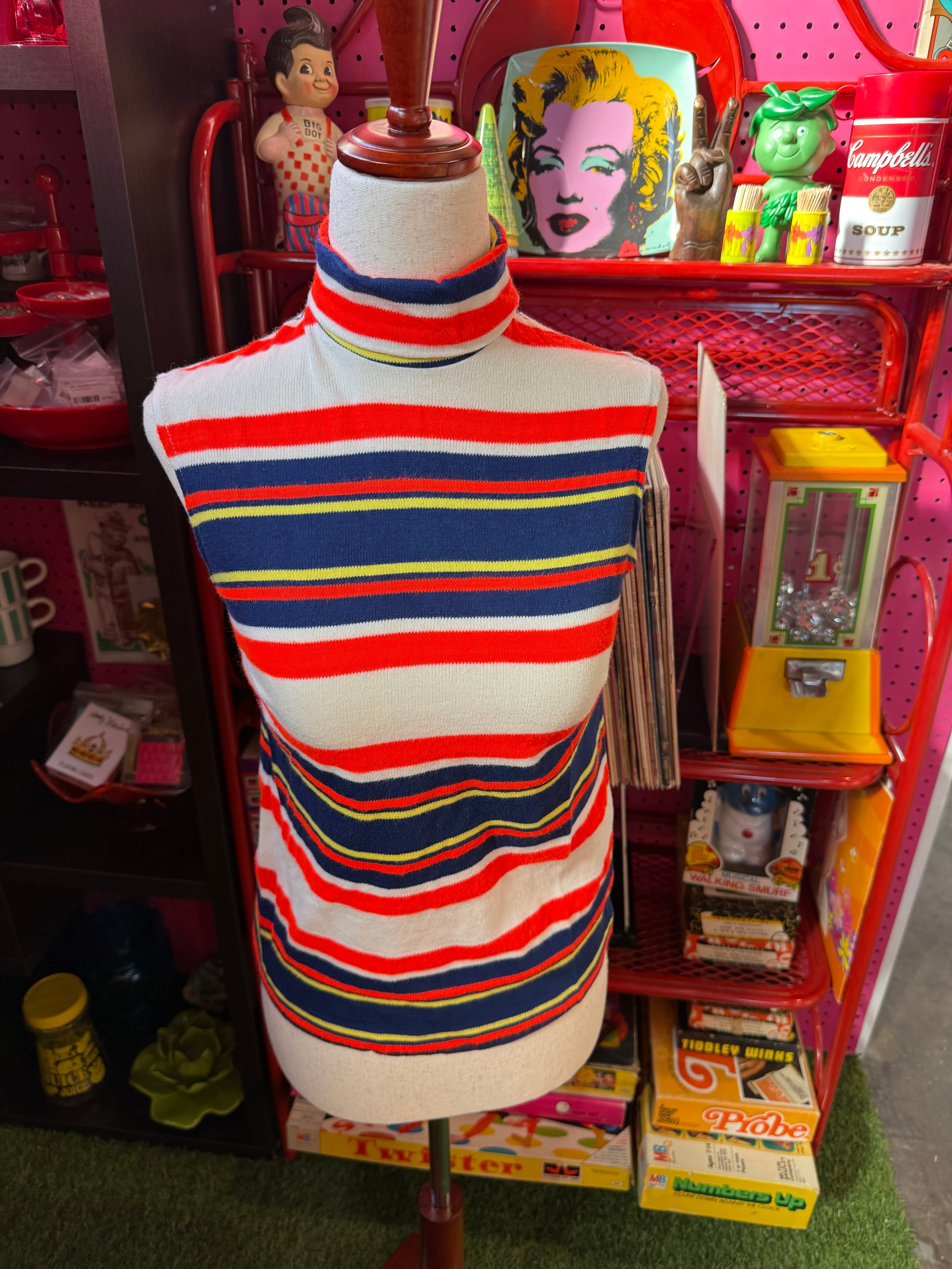 VTG 1970's Sears Junior Bazaar Mock Neck Stripe Tank
