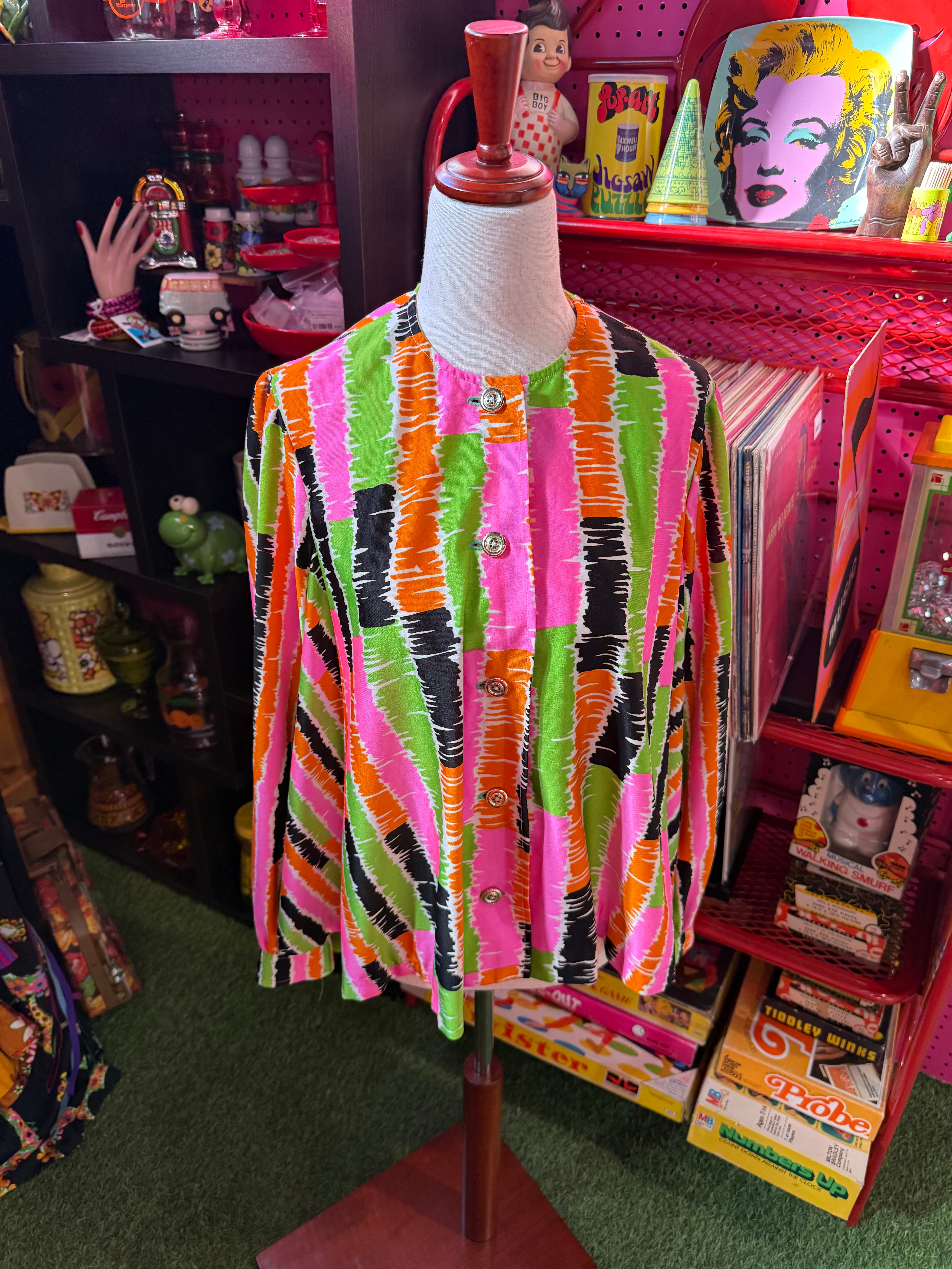 VTG 1960's Psychedelic Long Sleeve Mod Tent Blouse Colorful Strips