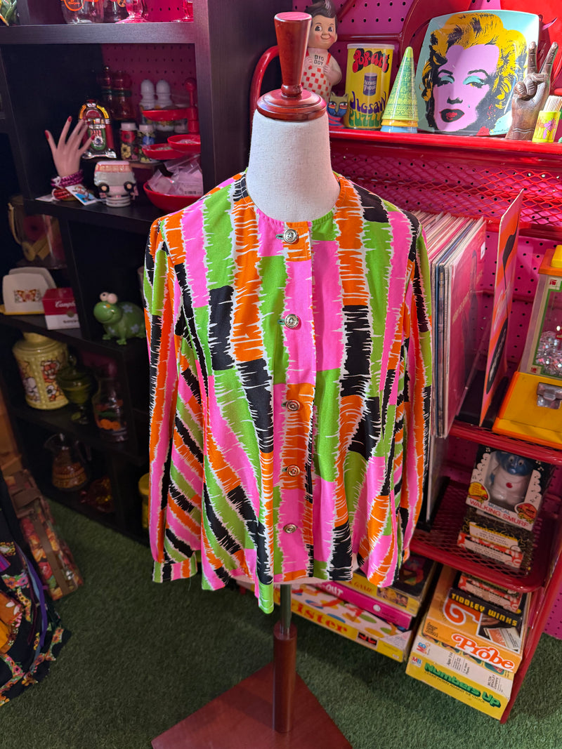 VTG 1960's Psychedelic Long Sleeve Mod Tent Blouse Colorful Strips by 294 - Touchdowns and Trinkets