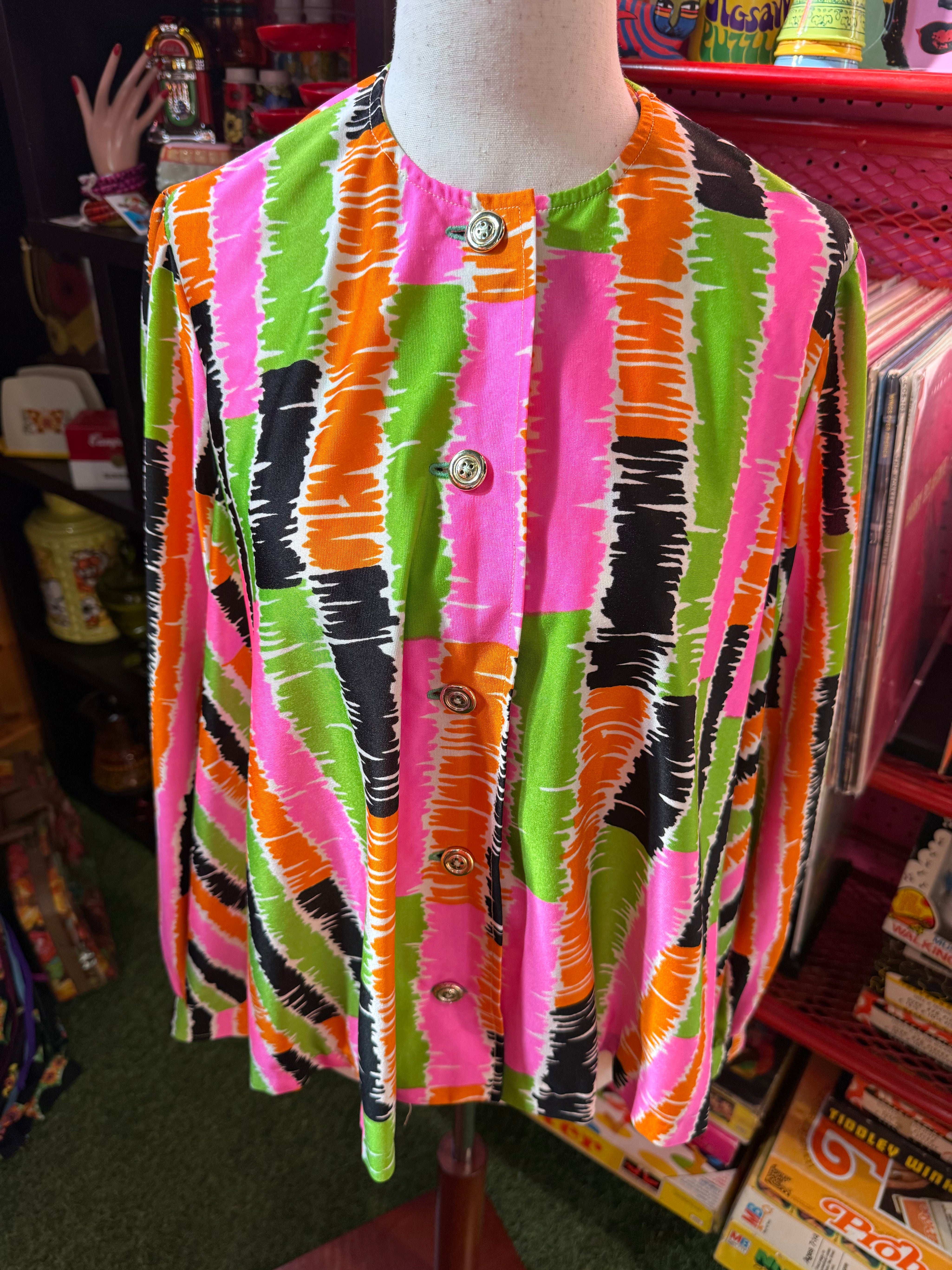 VTG 1960's Psychedelic Long Sleeve Mod Tent Blouse Colorful Strips