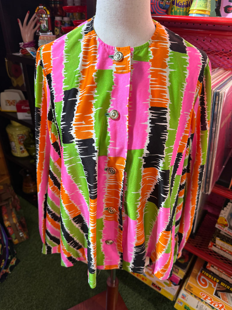 VTG 1960's Psychedelic Long Sleeve Mod Tent Blouse Colorful Strips — alternate view