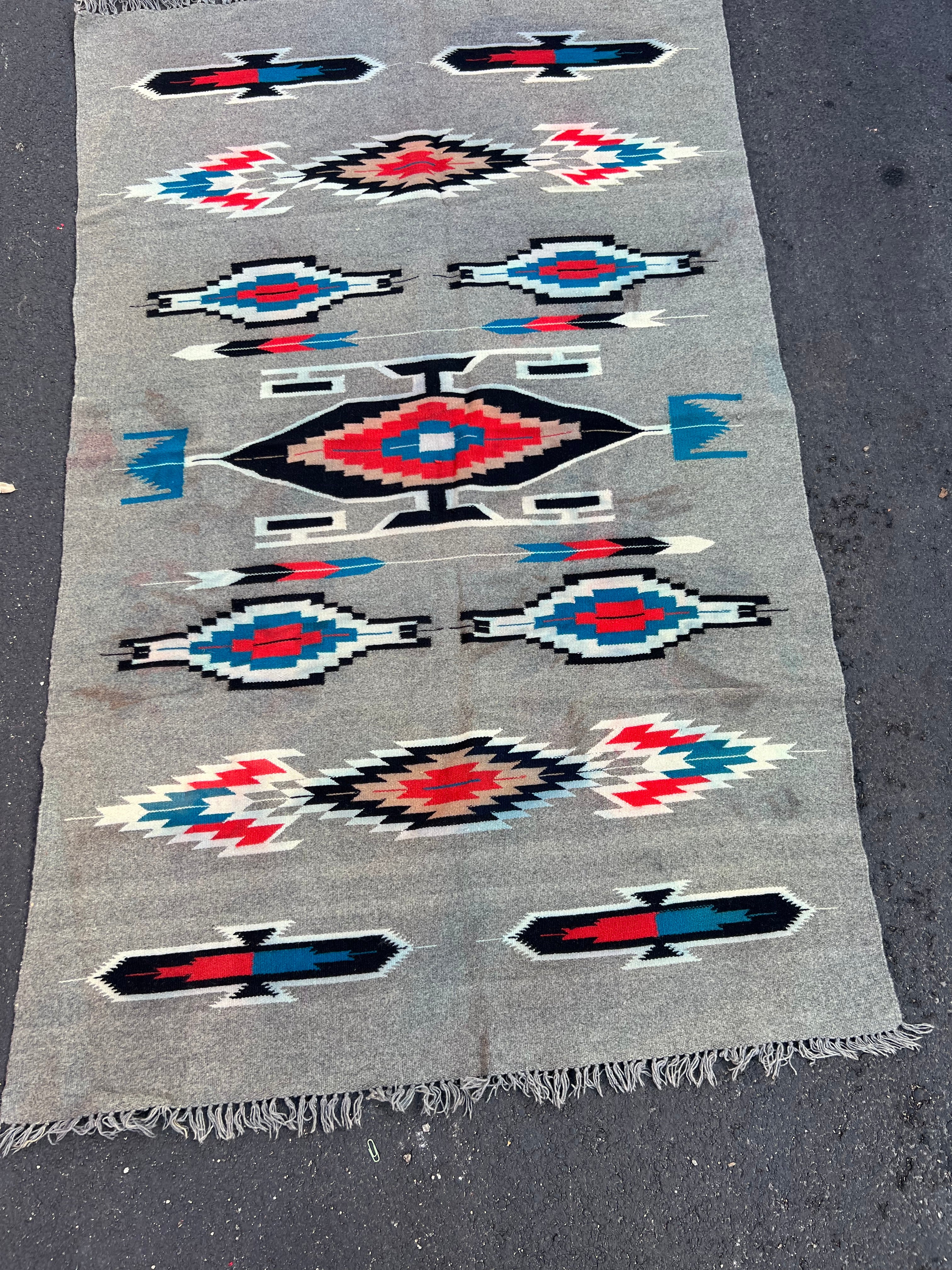 48x75” grey red blue Native American rug tapestry