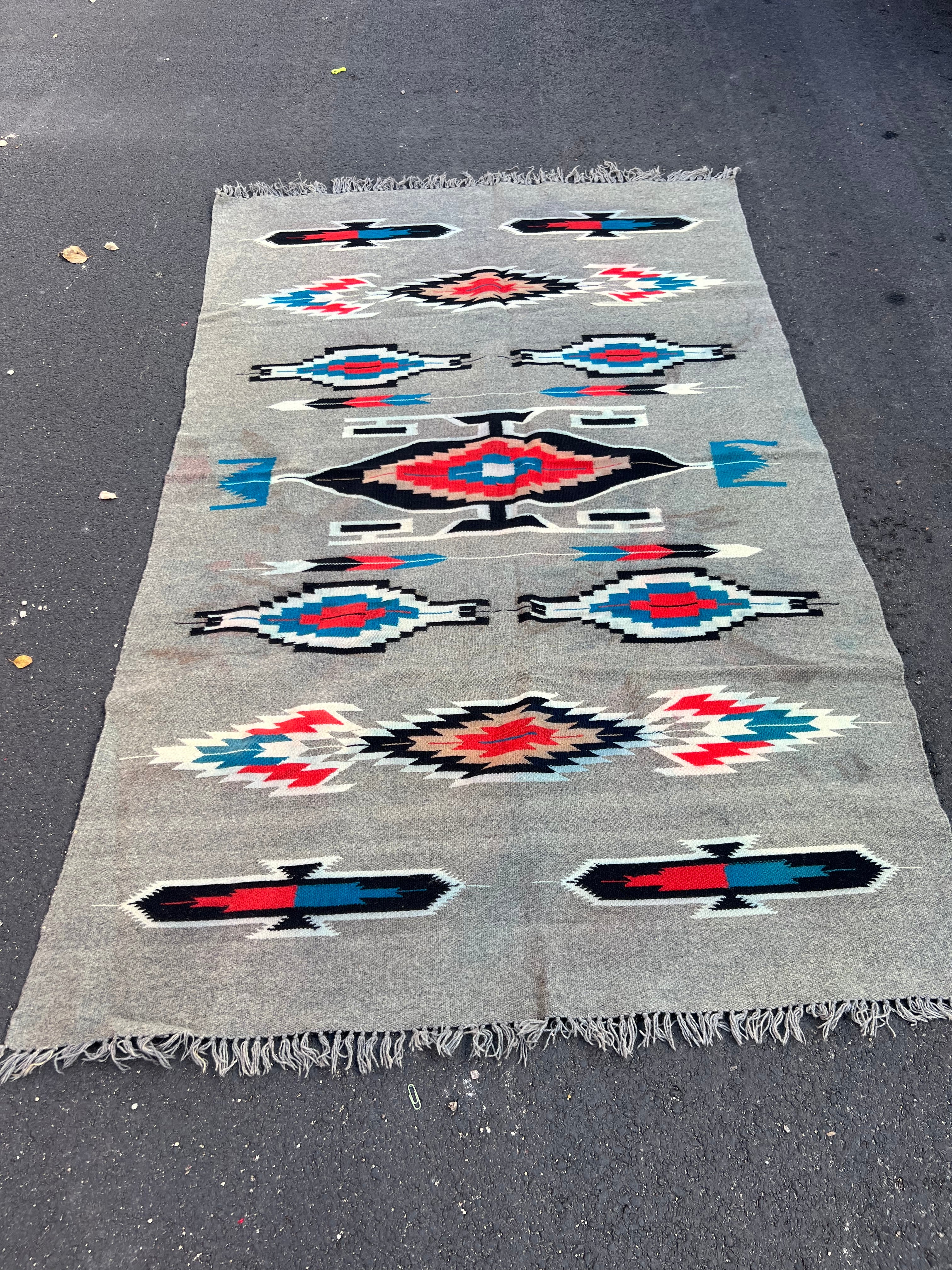 48x75” grey red blue Native American rug tapestry