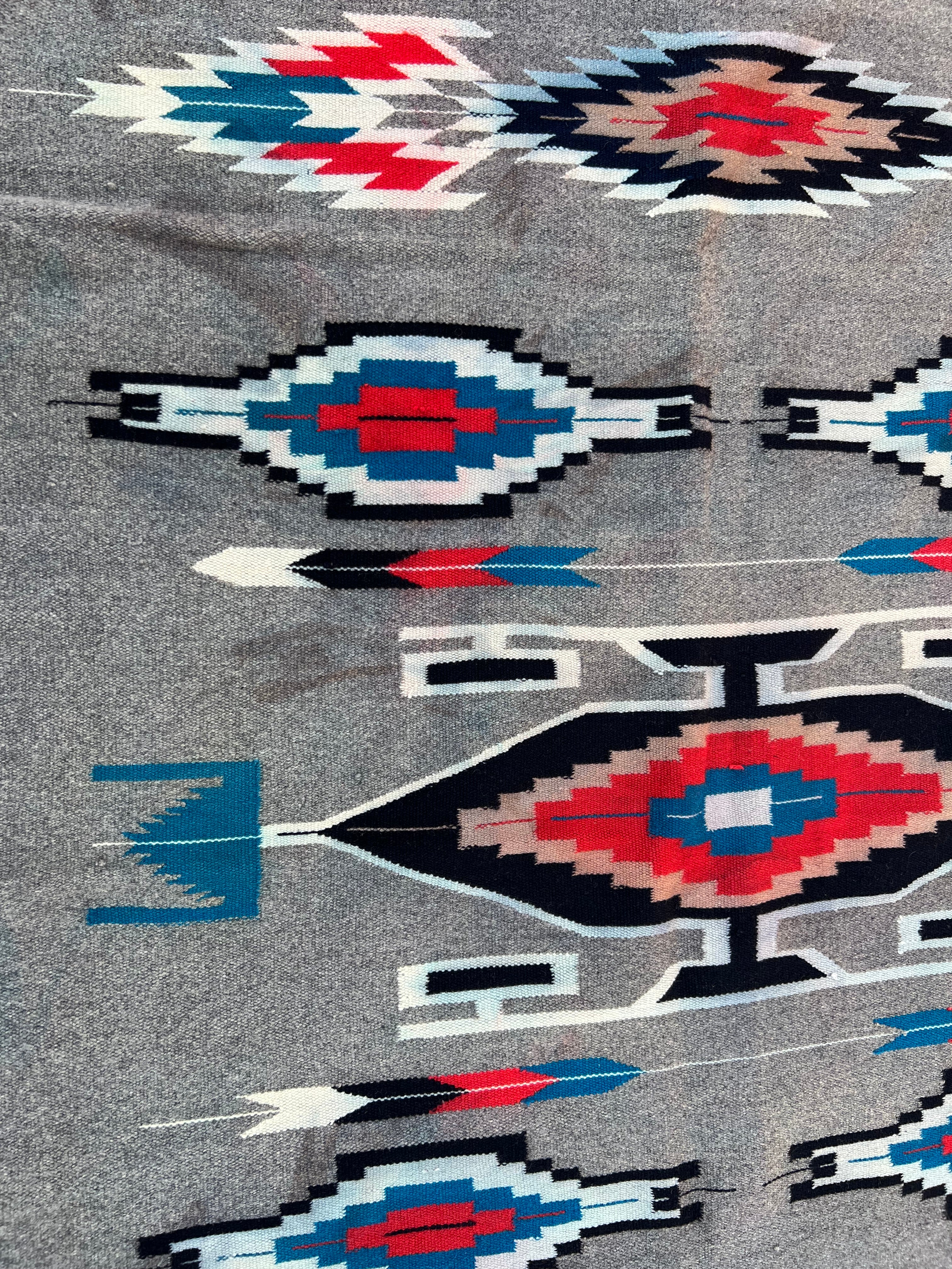 48x75” grey red blue Native American rug tapestry
