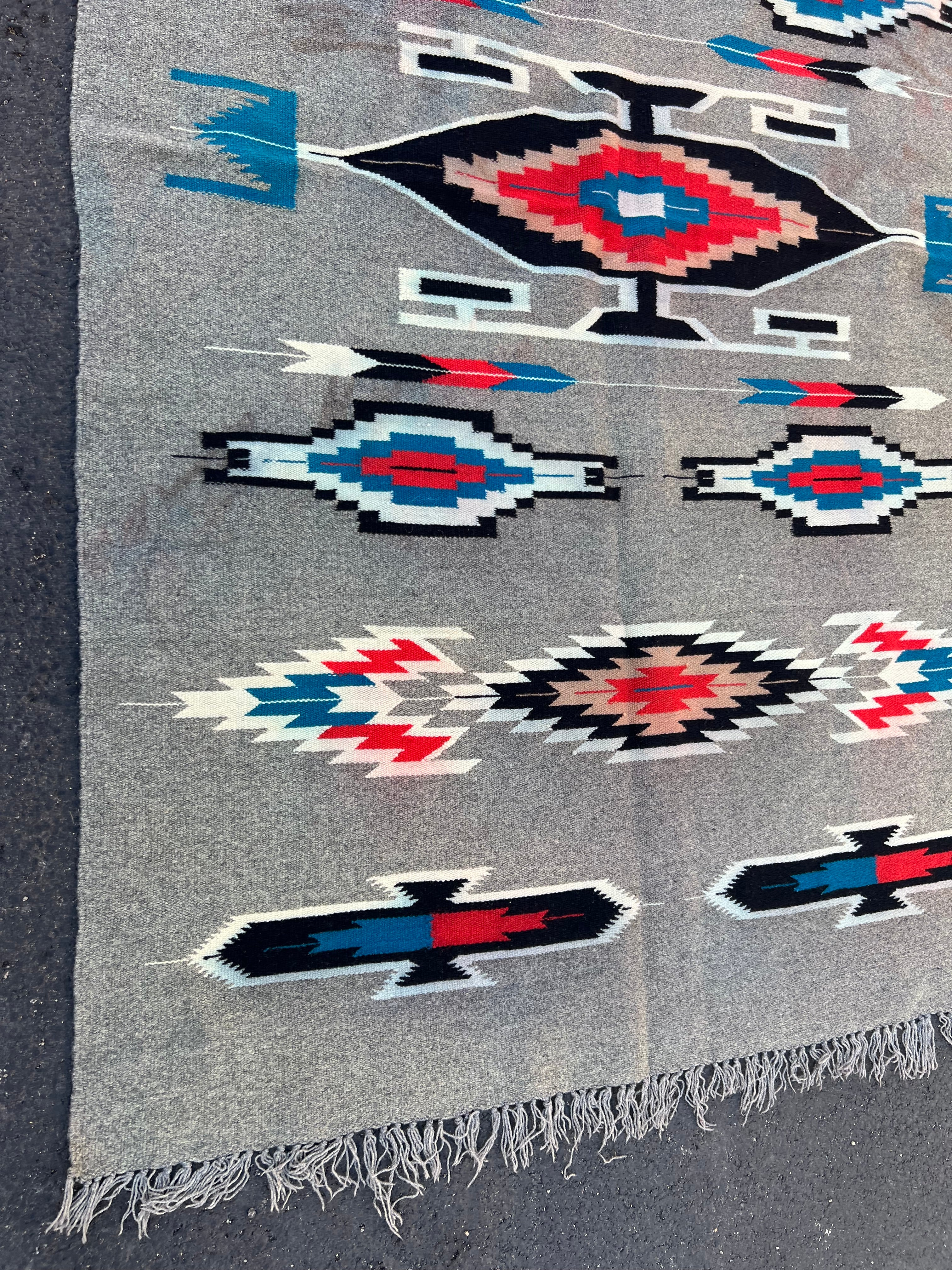 48x75” grey red blue Native American rug tapestry