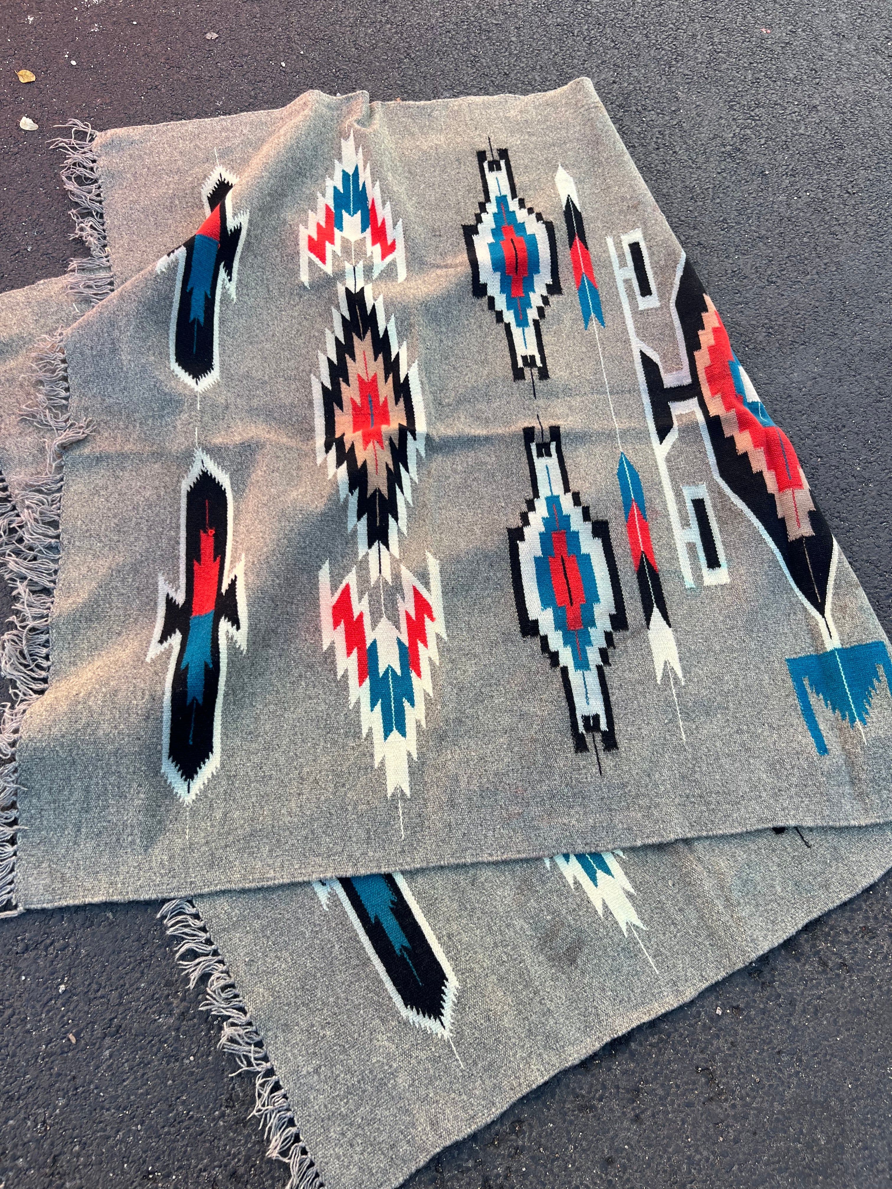 48x75” grey red blue Native American rug tapestry