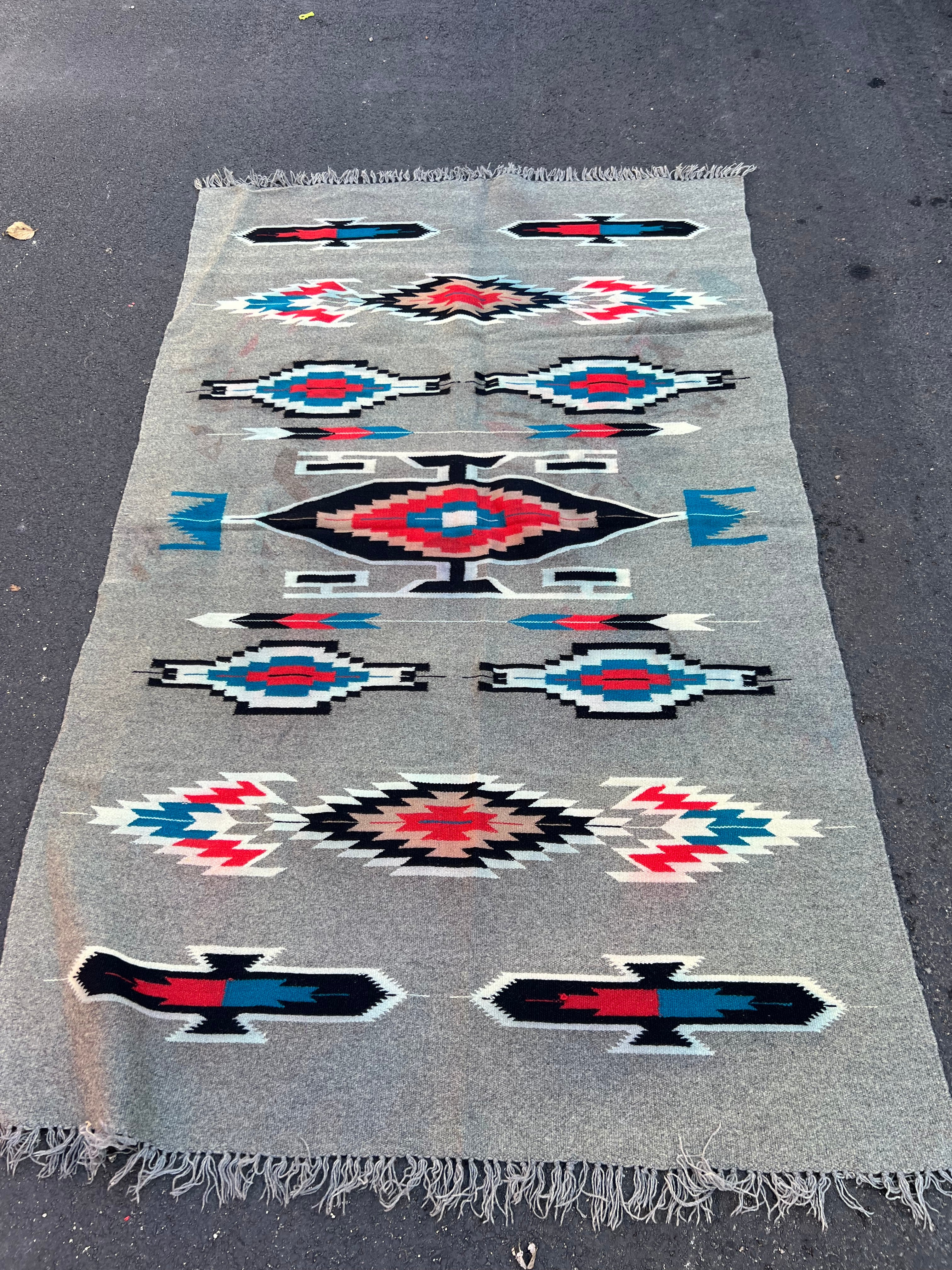 48x75” grey red blue Native American rug tapestry