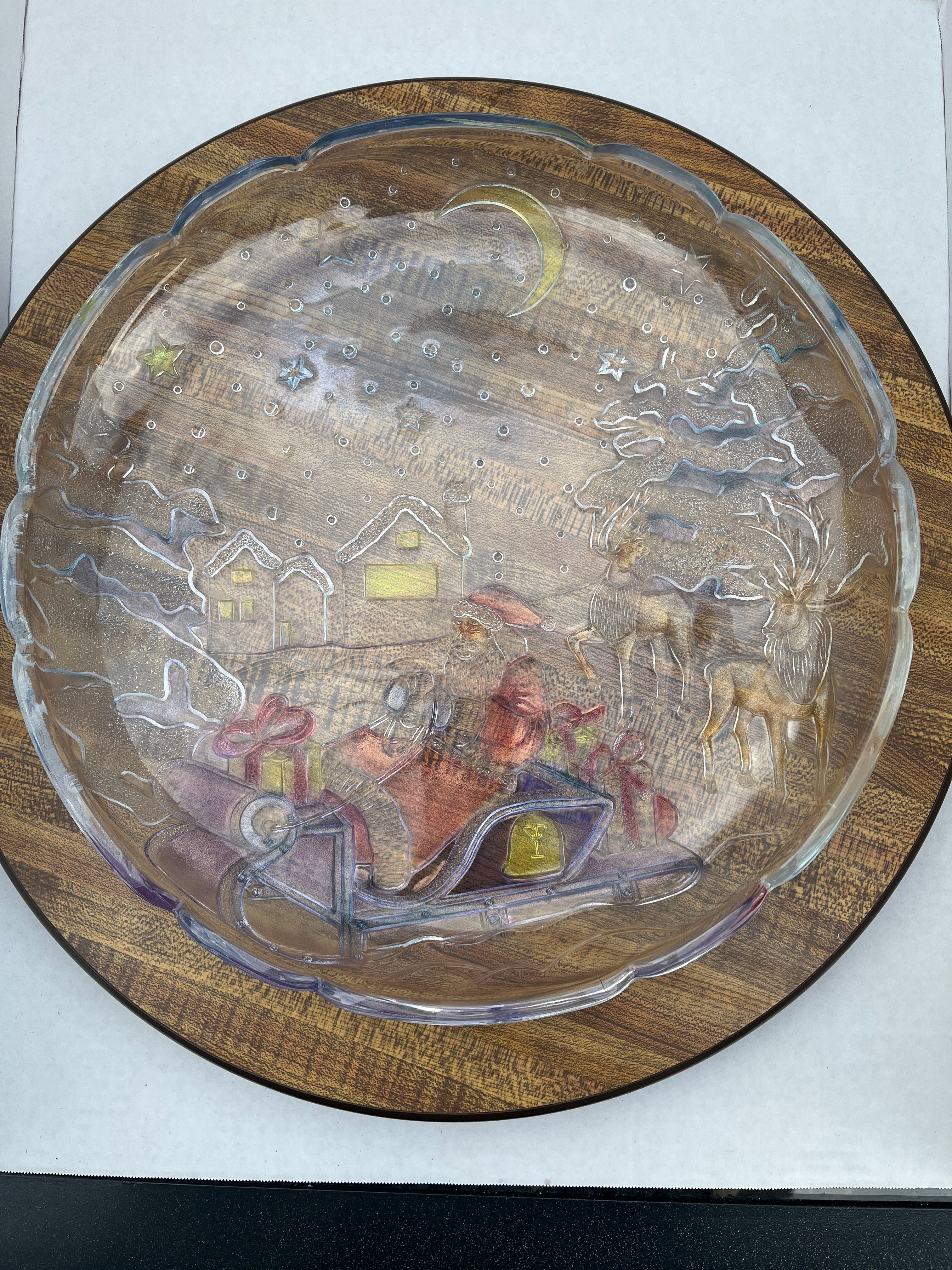 Clear Glass Santa Claus Sleigh Reindeer Serving Plate 14"