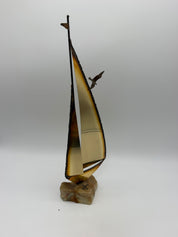 Vintage brutalist, brass and stone sailboat