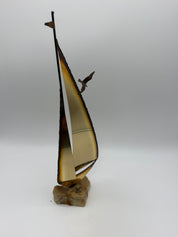 Vintage brutalist, brass and stone sailboat