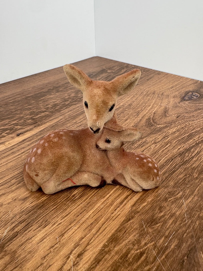 Vintage Flocked Deer with Fawn
