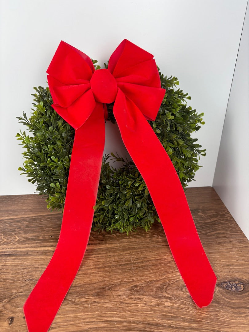 12 in Round Plastic Boxwood Wreath with Red Ribbon