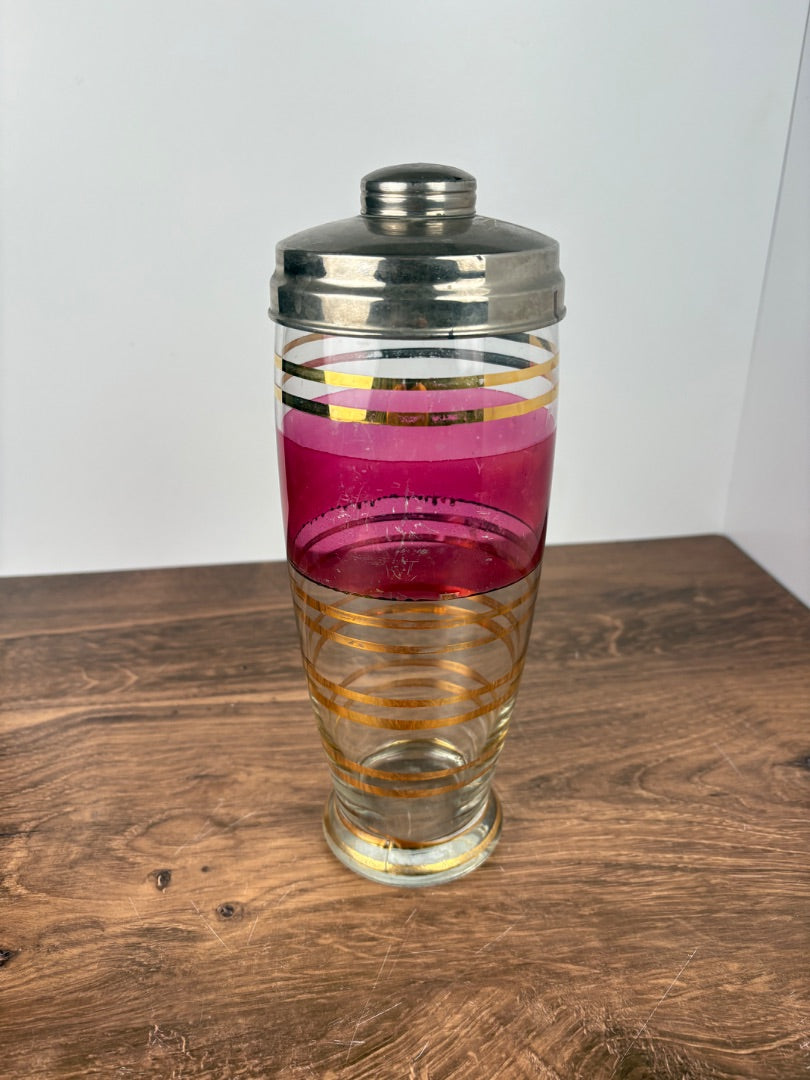 Vintage Cranberry Glass & Gold Striped Cocktail Shaker