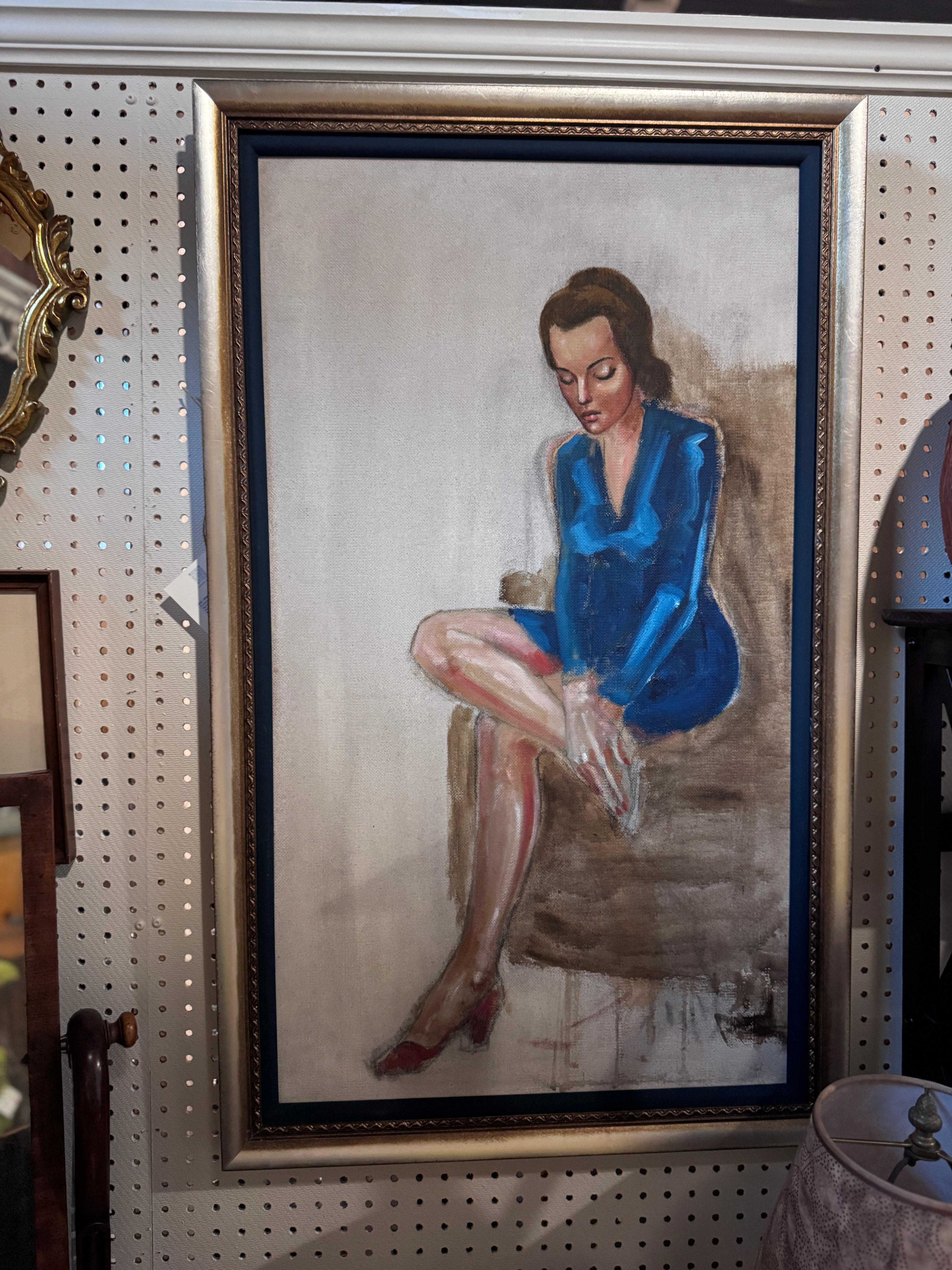 Professionally Framed Painting of a Lady in Blue Dress