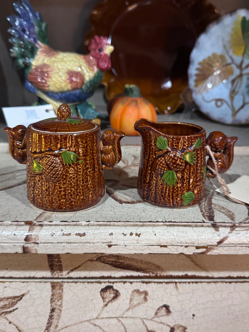 Vtg Brown Ceramic Squirrels with Pinecones Creamer and Sugar Set — alternate view