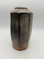 10” tall studio pottery panel vase grey