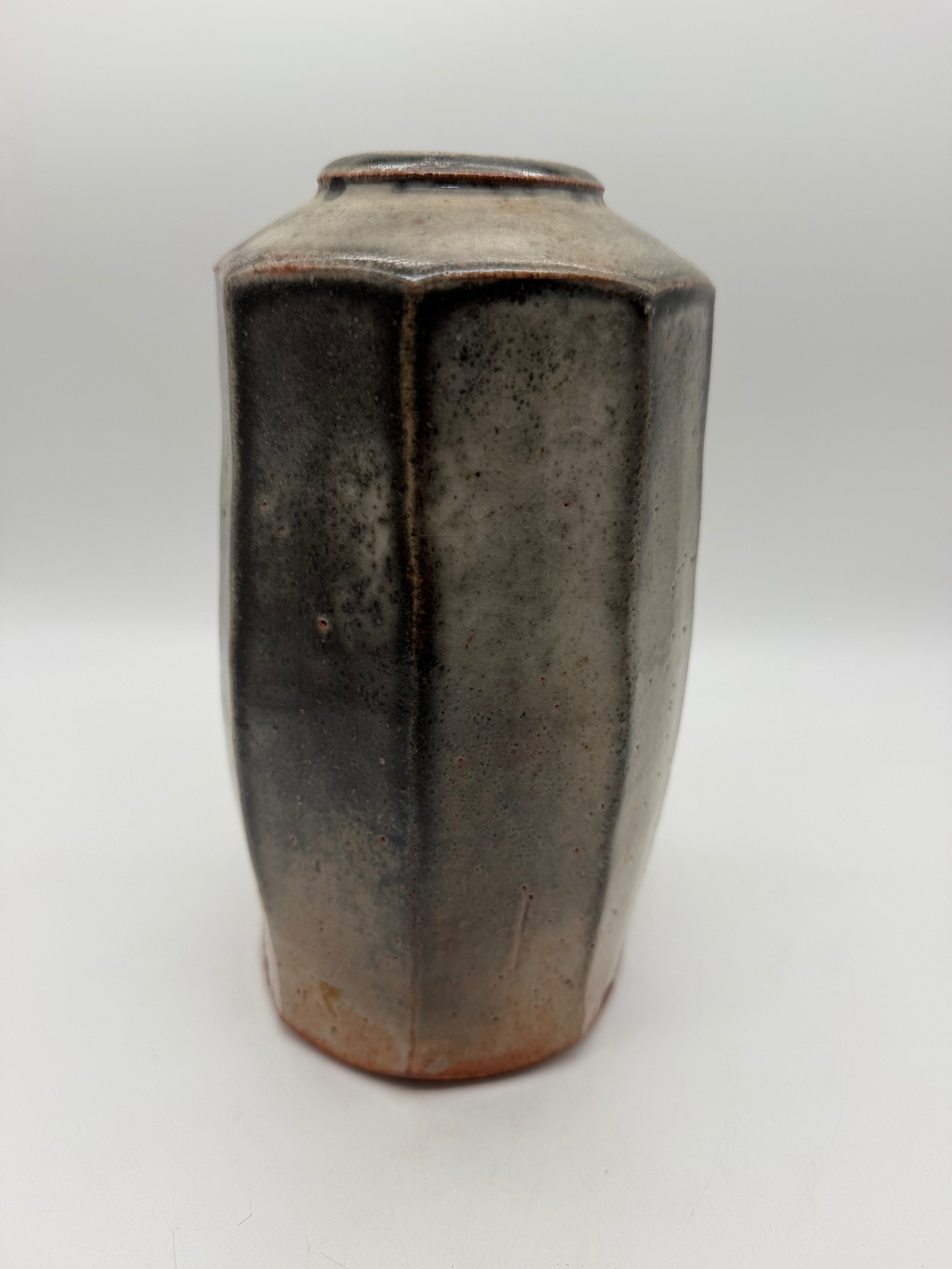 10” tall studio pottery panel vase grey